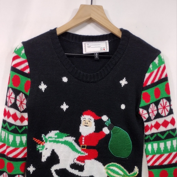 Ugly Christmas Sweater Santa Riding a Unicorn Women's S Multicolor Holiday Retro - Picture 3 of 9